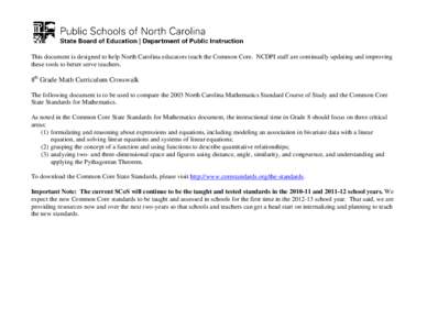 This document is designed to help North Carolina educators teach the Common Core. NCDPI staff are continually updating and improving these tools to better serve teachers. 8th Grade Math Curriculum Crosswalk The following