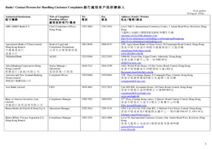 Banks’ Contact Persons for Handling Customer Complaints 銀 行 處 理 客 戶 投 訴 聯 絡 人
