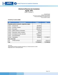 Informe de Resumen de Inventarios Agosto 2013 Artículo 10 Numeral 13 Dirección Financiera Directora: Maria Elena Galindo Responsable de actualizar la información: Juan José Alvarez