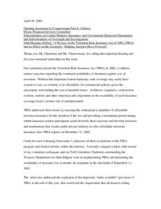 April 28, 2004 Opening Statement by Congressman Paul E. Gillmor House Financial Services Committee Subcommittee on Capital Markets, Insurance, and Government Sponsored Enterprises and Subcommittee on Oversight and Invest