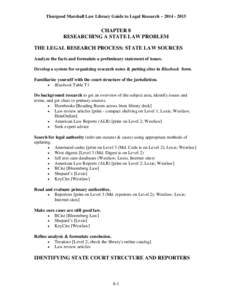 Thurgood Marshall Law Library Guide to Legal Research – [removed]CHAPTER 8 RESEARCHING A STATE LAW PROBLEM THE LEGAL RESEARCH PROCESS: STATE LAW SOURCES Analyze the facts and formulate a preliminary statement of is