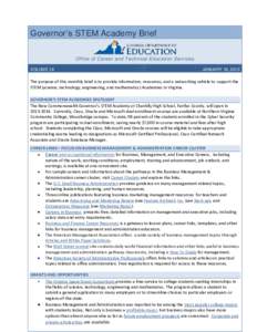 Governor’s STEM Academy Brief Office of Career and Technical Education Services VOLUME 18 JANUARY 16, 2013