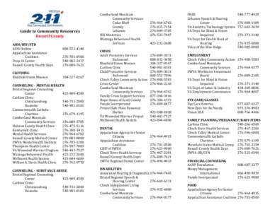 Guide to Community Resources Russell County AIDS/HIV/STD AIDS Hotline Appalachian Assistance Coalition