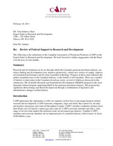 February 18, 2011  Mr. Tom Jenkins, Chair Expert Panel on Research and Development 1200 – 270 Albert Street Ottawa, ON K1A 5G8