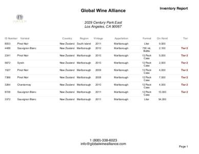 Inventory Report  Global Wine Alliance 2029 Century Park East Los Angeles, CA 90067
