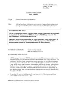 State Board of Education August 19, 2014 Item D2.a AGENCY OF EDUCATION Barre, Vermont