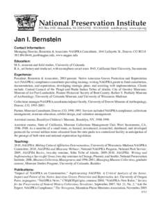 National Preservation Institute  P.O. Box 1702 Alexandria, VA[removed][removed]removed] www.npi.org Jan I. Bernstein Contact Information: