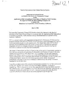 Board of Governors of the Federal Reserve System  Statement by Richard Devine on behalf of the Center for Community Change on the Application of the NationsBank Corporation of Charlotte, North Carolina