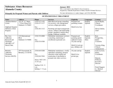 Substance Abuse Resources Alameda County January[removed]Primarily for Pregnant Women and Parents with Children