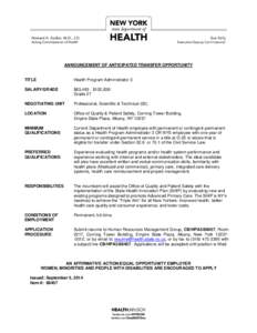 Health Program Administrator 3 -  Employment Opportunities Open to DOH and NYS Employees ONLY