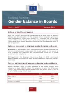 Country: Spain  January, 2013 Unitary or dual board system Spain has a unitary board system characterised by a single board of directors