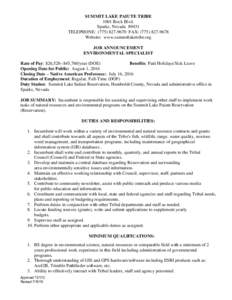 SUMMIT LAKE PAIUTE TRIBE 1001 Rock Blvd. Sparks, NevadaTELEPHONE: (FAX: (Website: www.summitlaketribe.org JOB ANNOUNCEMENT