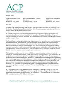 ACP letter to Senators Nelson, Schumer, and Reid supporting S. 577, the Resident Physician Shortage Reduction Act of[removed]