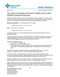 Two cases of measles confirmed in Calgary Zone: public alerted to potential exposures