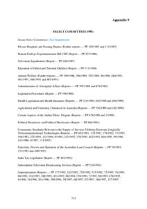 Appendix 9 SELECT COMMITTEES 1985– Senate Select Committees: (See Supplement) Private Hospitals and Nursing Homes (Further reports — PP[removed]and[removed]Human Embryo Experimentation Bill[removed]Report — PP 437