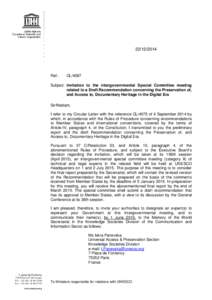 Invitation to the intergovernmental Special Committee meeting related to a Draft Recommendation concerning the Preservation of, and Access to, Documentary Heritage in the Digital Era; 2014