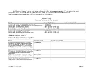 The following Voluntary Product Accessibility information refers to the Apple iPod nano (7th generation). For more information on the accessibility features of the iPod nano and to learn more about iPod nano features, vi