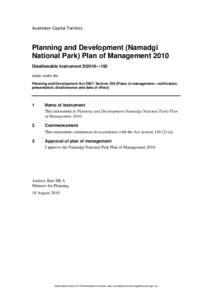 Australian Capital Territory  Planning and Development (Namadgi National Park) Plan of Management 2010 Disallowable instrument DI2010—192 made under the