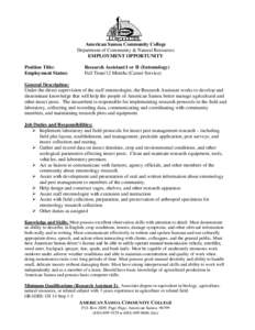 American Samoa Community College Department of Community & Natural Resources EMPLOYMENT OPPORTUNITY Position Title: Employment Status: