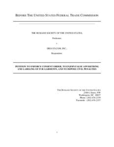 BEFORE THE UNITED STATES FEDERAL TRADE COMMISSION ____________________________________________________________________ THE HUMANE SOCIETY OF THE UNITED STATES, Petitioner, v.