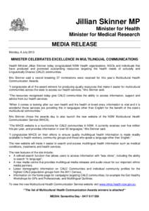 Health communication / Minister for Medical Research / Multiculturalism / Sociology / Culture / Social philosophy / Minister for Health / Jillian Skinner / Department of Health