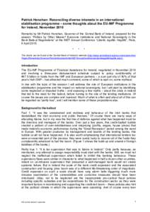 Patrick Honohan: Reconciling diverse interests in an international stabilisation programme – some thoughts about the EU-IMF Programme for Ireland, November 2010