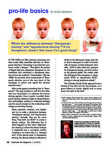 pro-life basics  BY JUDIE BROWN What’s the difference between “therapeutic cloning” and “reproductive cloning”? If it’s