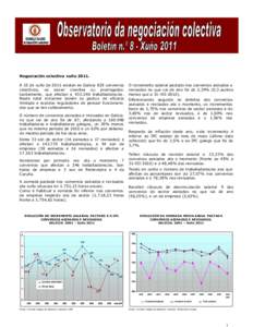 Negociación colectiva xuño[removed]A 15 de xuño de 2011 existen en Galicia 825 convenios colectivos, xa sexan vixentes ou prorrogados tacitamente, que afectan a[removed]traballadores/as. Neste total inclúense tamén os