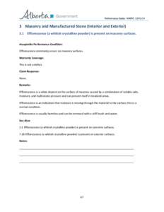 Performance Guide: NHBPO[removed]Masonry and Manufactured Stone (Interior and Exterior) 3.1 Efflorescence (a whitish crystalline powder) is present on masonry surfaces. Acceptable Performance Condition: Efflorescence