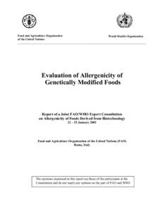 Food and Agriculture Organization of the United Nations World Health Organization  Evaluation of Allergenicity of