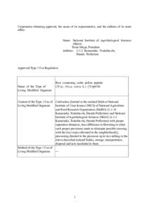 Corporation obtaining approval, the name of its representative, and the address of its main office Name: National Institute of Agrobiological Sciences (NIAS) Teruo Ishige, President Address: 2-1-2 Kannondai, Tsukuba-shi,