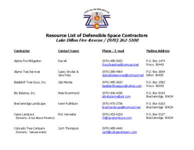 Resource List of Defensible Space Contractors Lake Dillon Fire-Rescue[removed] Contractor  Contact Name