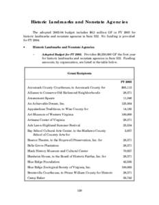 Historic Landmarks and Nonstate Agencies The adopted[removed]budget includes $6.3 million GF in FY 2003 for historic landmarks and nonstate agencies in Item 532. No funding is provided for FY 2004. •