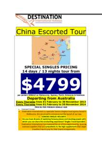 China Escorted Tour  SPECIAL SINGLES PRICING 14 days / 13 nights tour from  $4799