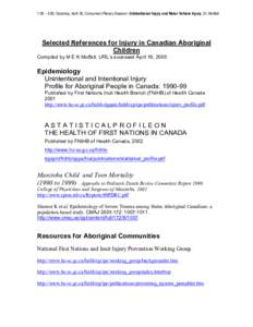 1:30 – 3:00, Saturday, April 30, Concurrent Plenary Session: Unintentional Injury and Motor Vehicle Injury, Dr. Moffatt  Selected References for Injury in Canadian Aboriginal Children Compiled by M E K Moffatt. URL’s