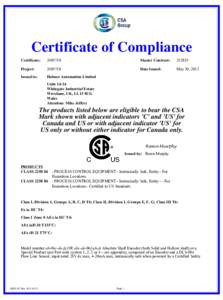 Certificate of Compliance Certificate: Master Contract: