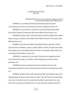 Filed for intro on[removed]HOUSE RESOLUTION 7023 By Pruitt  A RESOLUTION to honor and commend the inaugural winners of