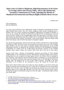 Open Letter to Federica Mogherini, High Representative of the Union for Foreign Affairs and Security Policy, and Cecilia Malmström, European Commissioner for Trade, regarding the Murder of Honduran Environmental and Hum