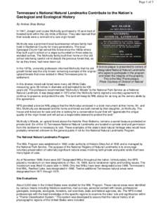 Page 1 of 3  Tennessee’s National Natural Landmarks Contribute to the Nation’s Geological and Ecological History By Andrea Shea Bishop In 1947, Joseph and Louise McAnulty purchased a 10-acre tract of