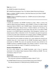 !  Date: March 29, 2013 To: SWAMP Roundtable Voting Members  CC: SWAMP Data Management Team; The California Wetland Monitoring Workgroup