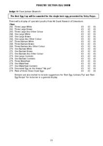 POULTRY SECTION EGG SHOW Judge: Mr Dave Jarman (Beamish) The Best Egg Cup will be awarded for the single best egg, presented by Vicky Pepys. There will a display of specialist poultry from Mr David Renwick of Simonburn. 