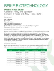BEIKE BIOTECHNOLOGY Patient Case Study Cerebral Palsy and Epilepsy Female, 7 years old, Nov. - DecBackground Age: 7 years old