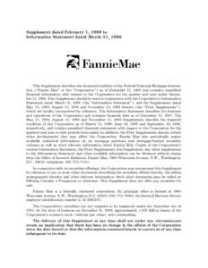 Supplement dated February 1, 1999 to Information Statement dated March 31, 1998 This Supplement describes the Ñnancial condition of the Federal National Mortgage Association (