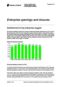 Enterprises[removed]Enterprise openings and closures Establishment of new enterprises sluggish According to Statistics Finland, the number of enterprise openings decreased by 5.2 per cent in the third quarter of 2013 from 