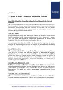 fact sheet Air quality in Norway : Summary of the Authority’s findings Zone NO1: Oslo, Asker, Bærum, Lørenskog, Skedsmo, Oppegård, Ski , Lier and Drammen The concentration thresholds for nitrogen dioxide (NO2) have 