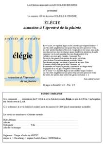 Les Editions associatives LES SOLICENDRISTES présentent Le numéro 110 de la revue SOLEILS & CENDRE ÉLÉGIE scansion à l’éprouvé de la plainte