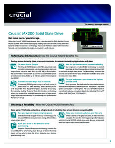 Crucial MX200 Solid State Drive ® Get more out of your storage. When the Crucial® MX100 was released, it set a new standard for SSDs that the Crucial MX200 pushes even further. Leveraging leading specs on all fronts, a