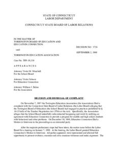 STATE OF CONNECTICUT LABOR DEPARTMENT CONNECTICUT STATE BOARD OF LABOR RELATIONS IN THE MATTER OF