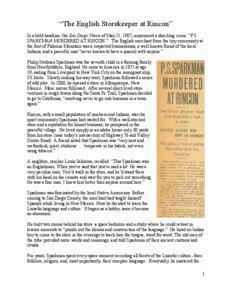 “The English Storekeeper at Rincon” In a bold headline, the San Diego Union of May 21, 1907, announced a shocking crime: “P.S. SPARKMAN MURDERED AT RINCON.” The English merchant from the tiny community at