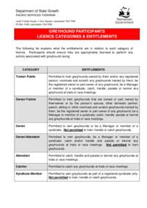 Department of State Growth RACING SERVICES TASMANIA Level 2 Henty House, 1 Civic Square, Launceston TAS 7250 PO Box 1329, Launceston TAS[removed]GREYHOUND PARTICIPANTS